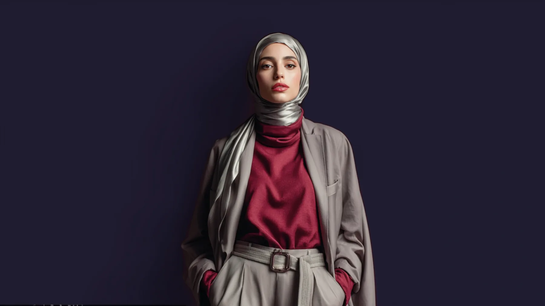 A woman wearing a silver hijab, red turtleneck and grey tailored blazer, gazing confidently upward against a deep purple background