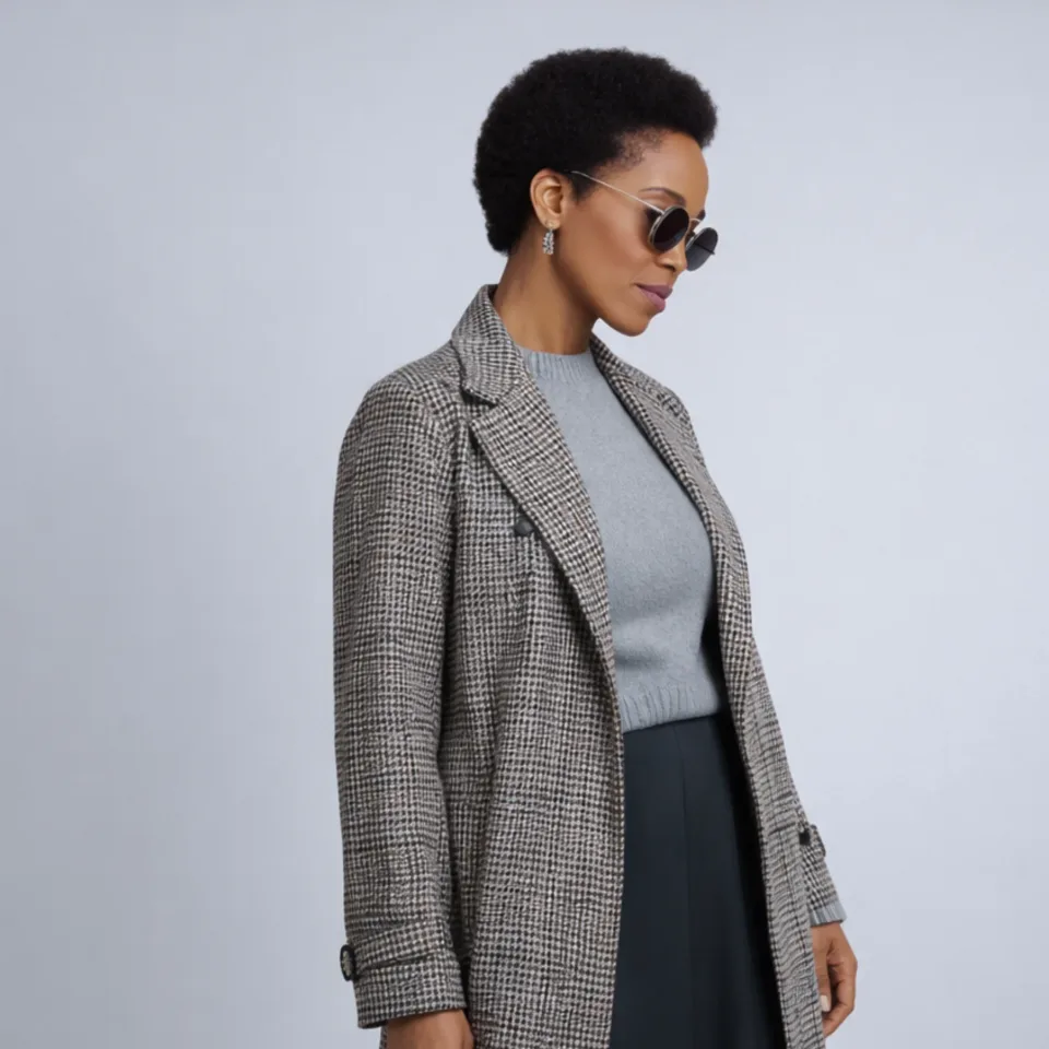 Person in a checked coat, gray knit top, navy skirt, and sunglasses — illustrating a Composed style identity