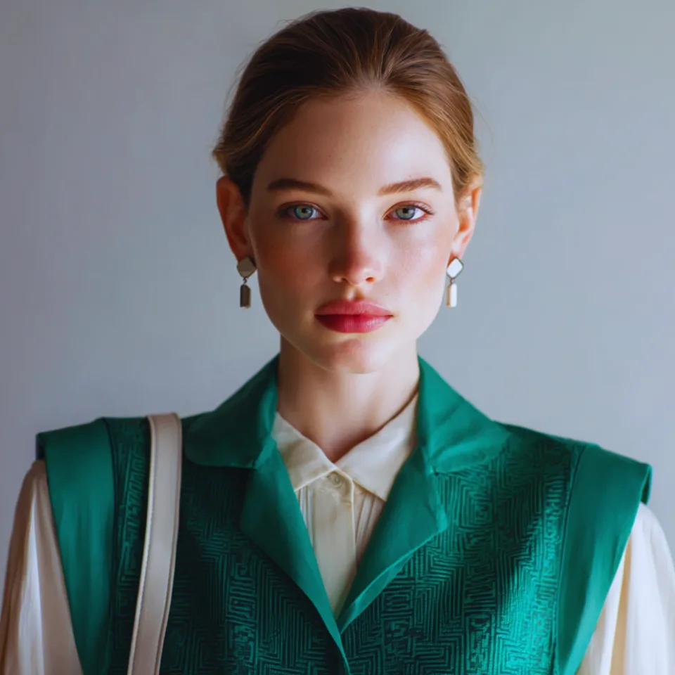 Person in an emerald structured vest with a geometric tonal pattern layered over a white blouse, with geometric white earrings — illustrating a Unique style identity