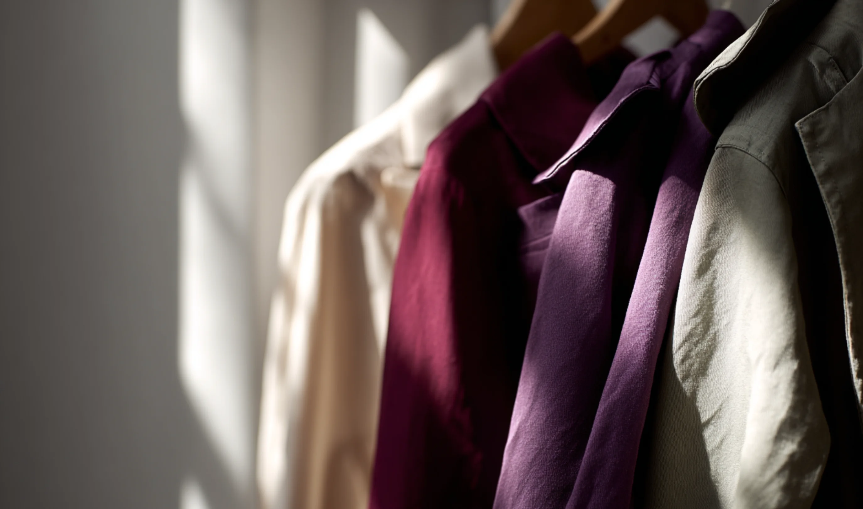 Clothing rail with ivory, deep purple, and sage garments hanging in soft sunlight