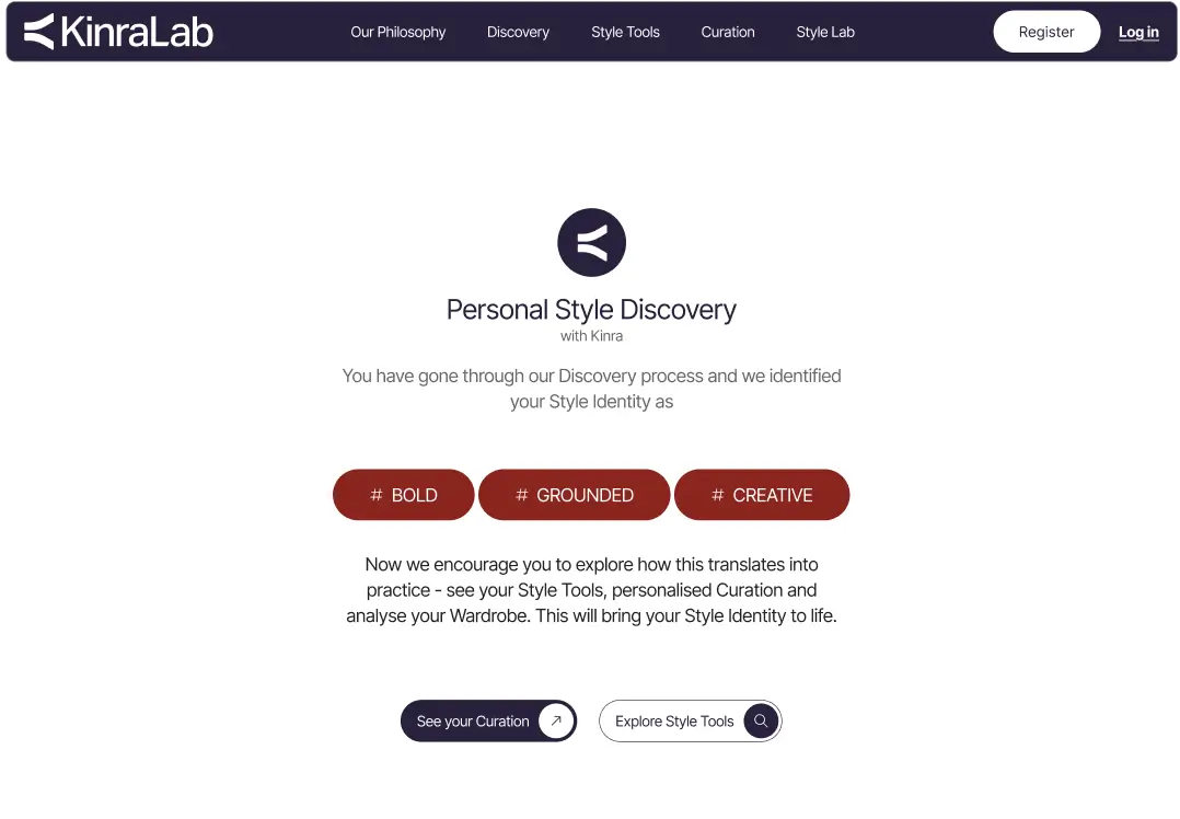 Style discovery result screen showing Bold, Grounded, and Creative as the selected style identity on KinraLab